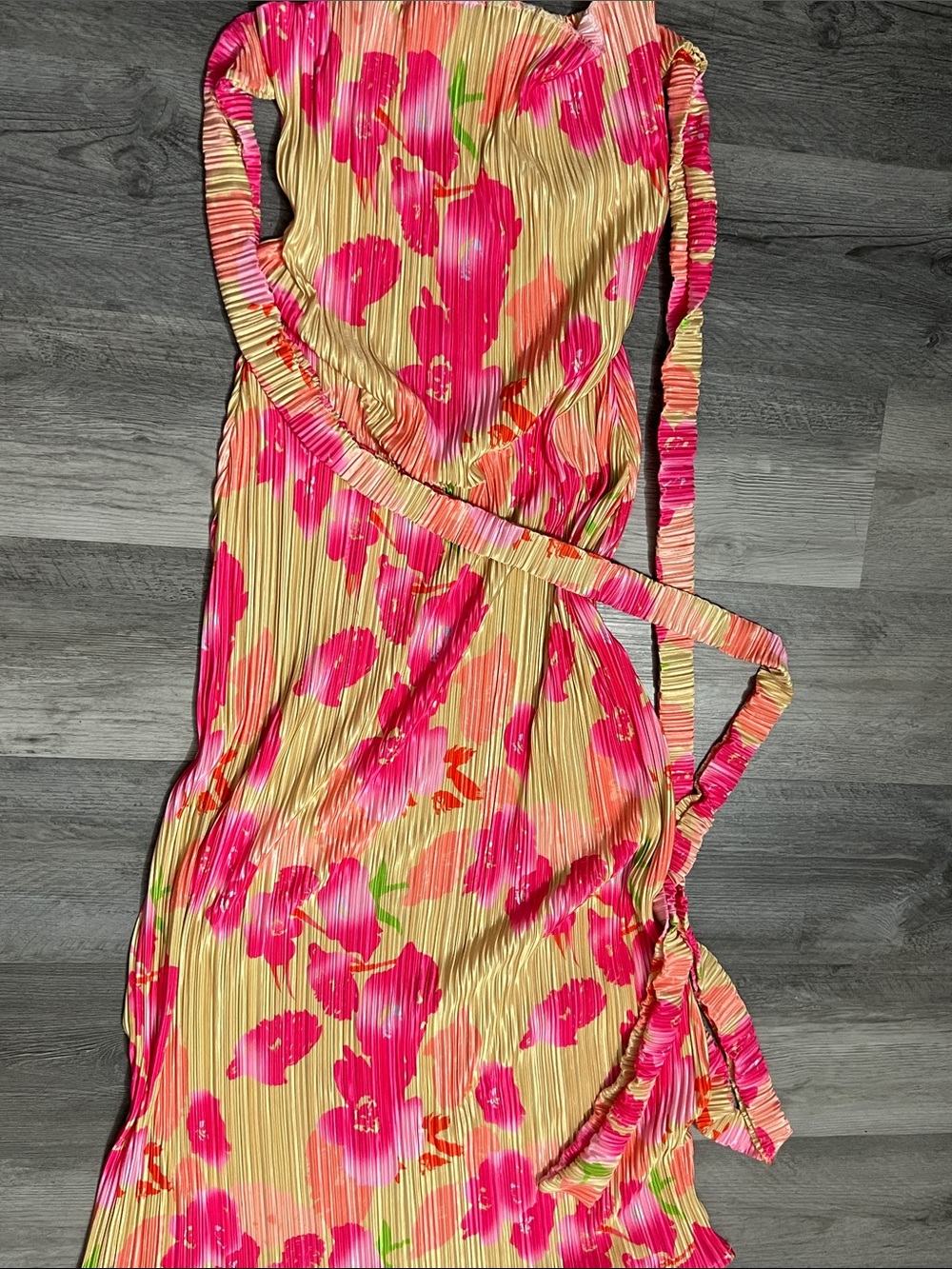 Pleated Floral Strap Dress in Hot Pink and Cream